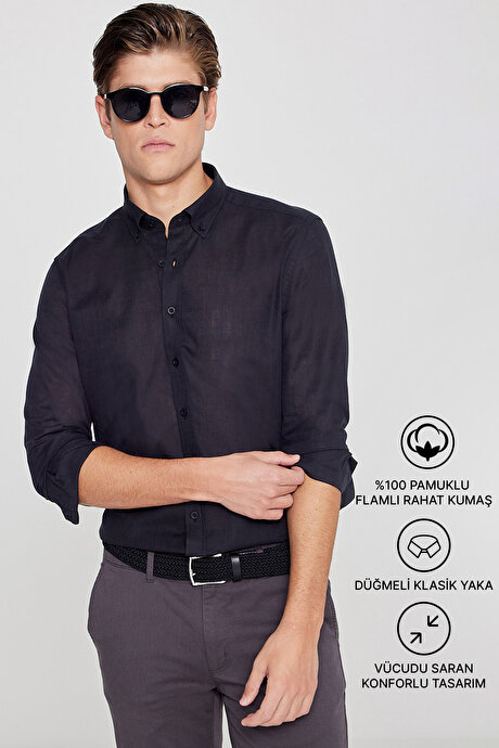 %100 Pamuk Flamlı Oxford Slim Fit Dar Kesim Düğmeli Yaka Siyah Gömlek resmi