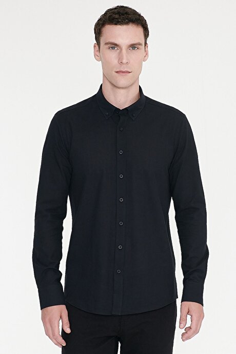 %100 Pamuk Flamlı Oxford Slim Fit Dar Kesim Düğmeli Yaka Siyah Gömlek resmi