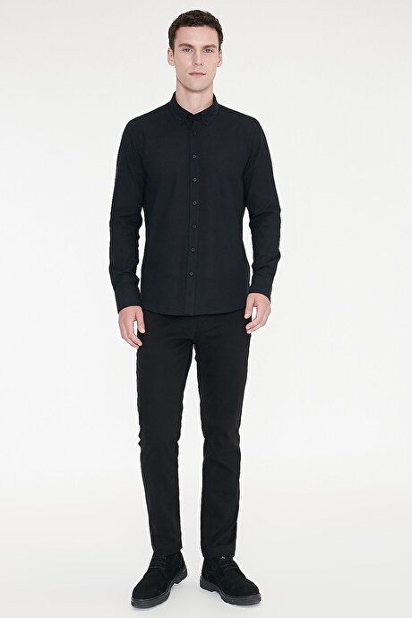 %100 Pamuk Flamlı Oxford Slim Fit Dar Kesim Düğmeli Yaka Siyah Gömlek resmi