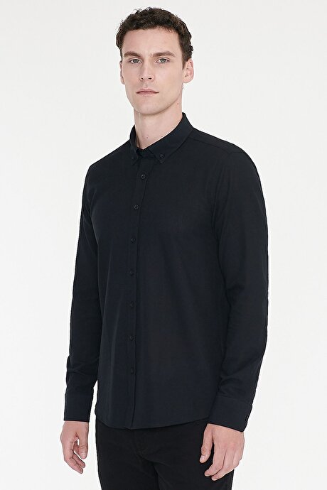 %100 Pamuk Flamlı Oxford Slim Fit Dar Kesim Düğmeli Yaka Siyah Gömlek resmi