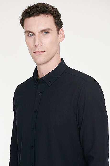 %100 Pamuk Flamlı Oxford Slim Fit Dar Kesim Düğmeli Yaka Siyah Gömlek resmi