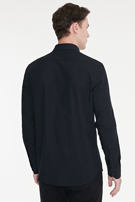 %100 Pamuk Flamlı Oxford Slim Fit Dar Kesim Düğmeli Yaka Siyah Gömlek resmi