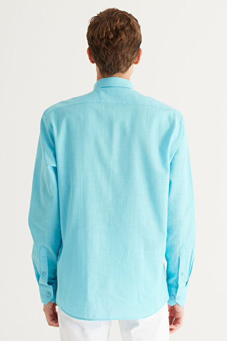 Tailored Slim Fit Dar Kesim Oxford Düğmeli Yaka Keten Görünümlü %100 Pamuk Flamlı Turkuaz Gömlek resmi