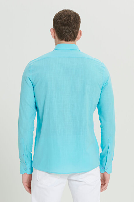 Tailored Slim Fit Dar Kesim Düğmeli Yaka Keten Görünümlü %100 Pamuk Flamlı Turkuaz Gömlek resmi