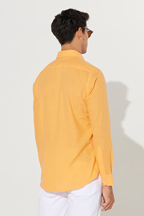Tailored Slim Fit Dar Kesim Oxford Düğmeli Yaka Keten Görünümlü %100 Pamuk Flamlı Turuncu Gömlek resmi