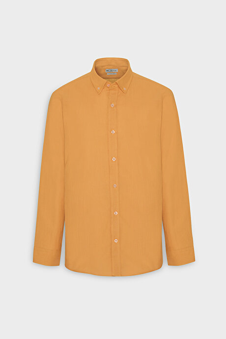 Tailored Slim Fit Dar Kesim Düğmeli Yaka Keten Görünümlü %100 Pamuk Flamlı Turuncu Gömlek resmi