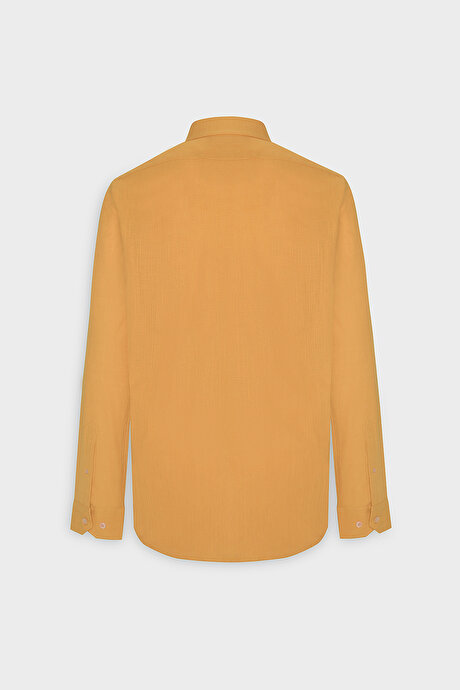 Tailored Slim Fit Dar Kesim Düğmeli Yaka Keten Görünümlü %100 Pamuk Flamlı Turuncu Gömlek resmi