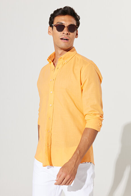 Tailored Slim Fit Dar Kesim Oxford Düğmeli Yaka Keten Görünümlü %100 Pamuk Flamlı Turuncu Gömlek resmi