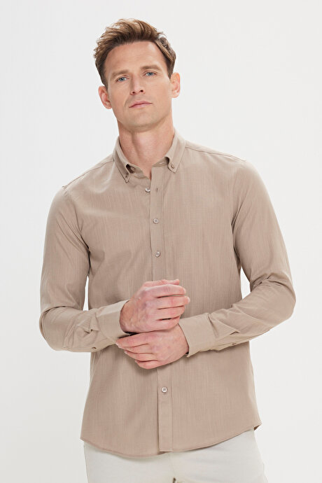 %100 Pamuk Flamlı Oxford Slim Fit Dar Kesim Düğmeli Yaka Vizon Gömlek resmi
