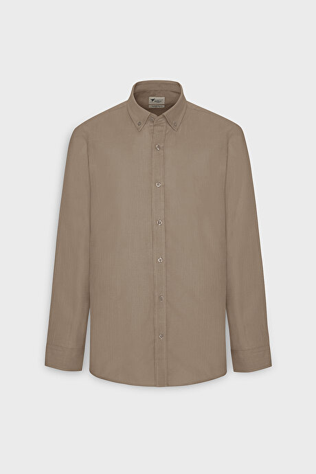 %100 Pamuk Flamlı Oxford Slim Fit Dar Kesim Düğmeli Yaka Vizon Gömlek resmi