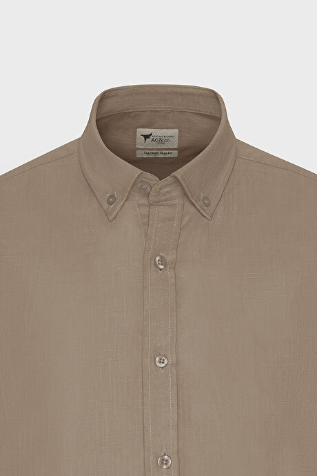 %100 Pamuk Flamlı Oxford Slim Fit Dar Kesim Düğmeli Yaka Vizon Gömlek resmi