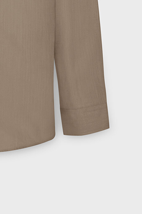 %100 Pamuk Flamlı Oxford Slim Fit Dar Kesim Düğmeli Yaka Vizon Gömlek resmi