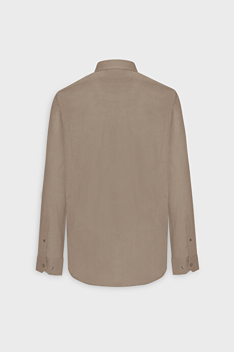 %100 Pamuk Flamlı Oxford Slim Fit Dar Kesim Düğmeli Yaka Vizon Gömlek resmi