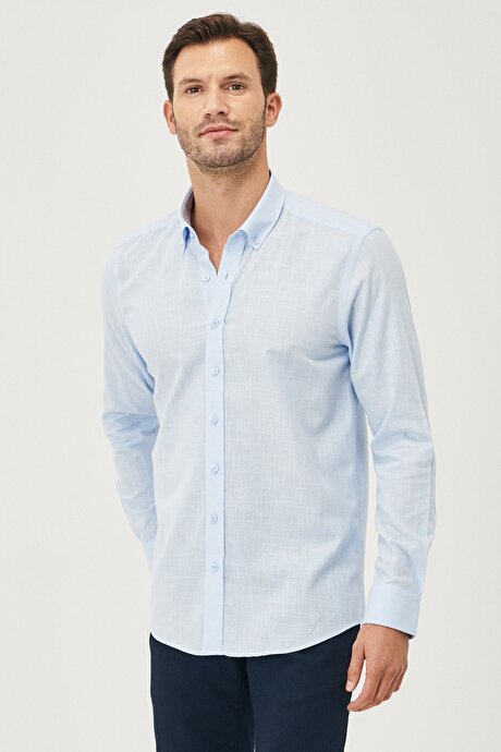 Tailored Slim Fit Dar Kesim Düğmeli Yaka %100 Pamuk Açık Mavi Gömlek resmi