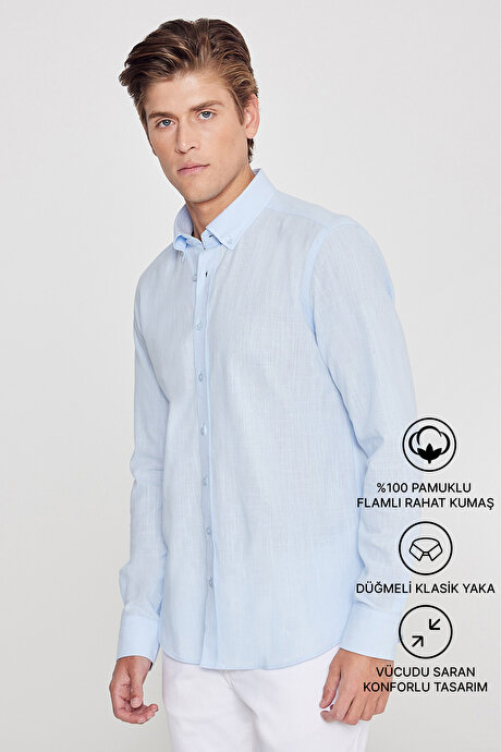 %100 Pamuk Flamlı Oxford Slim Fit Dar Kesim Düğmeli Yaka Açık Mavi Gömlek resmi