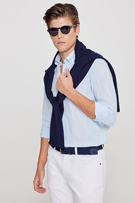 %100 Pamuk Flamlı Oxford Slim Fit Dar Kesim Düğmeli Yaka Açık Mavi Gömlek resmi