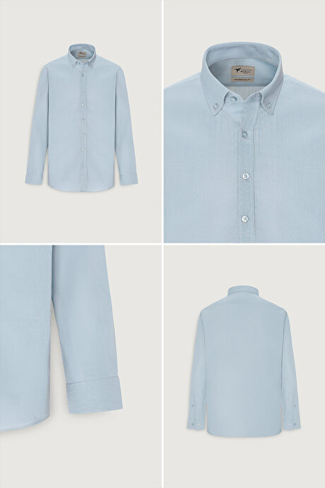 %100 Pamuk Flamlı Oxford Slim Fit Dar Kesim Düğmeli Yaka Açık Mavi Gömlek resmi