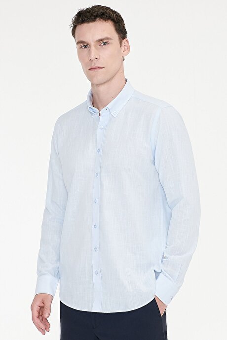 %100 Pamuk Flamlı Oxford Slim Fit Dar Kesim Düğmeli Yaka Açık Mavi Gömlek resmi
