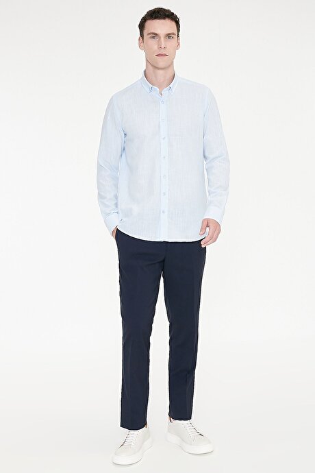 %100 Pamuk Flamlı Oxford Slim Fit Dar Kesim Düğmeli Yaka Açık Mavi Gömlek resmi