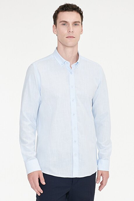 %100 Pamuk Flamlı Oxford Slim Fit Dar Kesim Düğmeli Yaka Açık Mavi Gömlek resmi