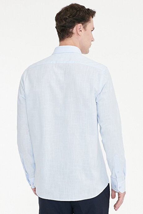 %100 Pamuk Flamlı Oxford Slim Fit Dar Kesim Düğmeli Yaka Açık Mavi Gömlek resmi
