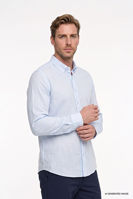 %100 Pamuk Flamlı Oxford Slim Fit Dar Kesim Düğmeli Yaka Açık Mavi Gömlek resmi