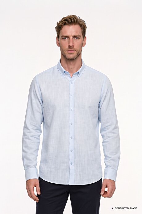 %100 Pamuk Flamlı Oxford Slim Fit Dar Kesim Düğmeli Yaka Açık Mavi Gömlek resmi