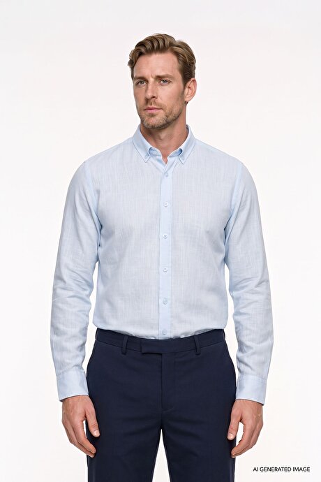 %100 Pamuk Flamlı Oxford Slim Fit Dar Kesim Düğmeli Yaka Açık Mavi Gömlek resmi