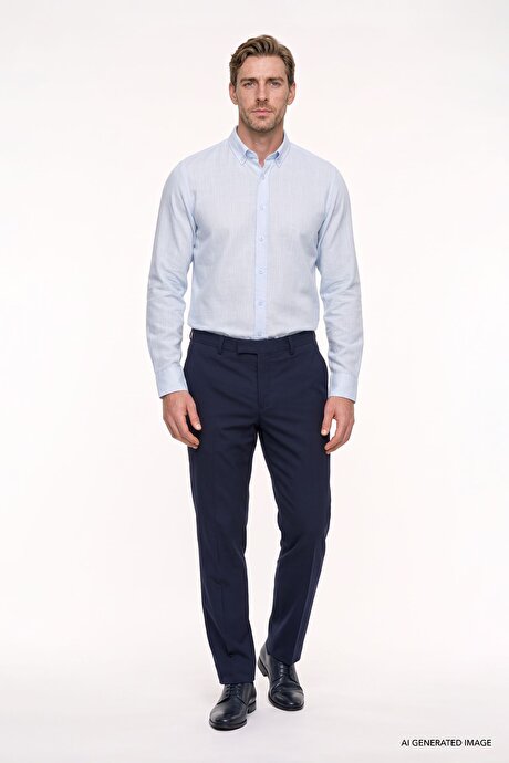 %100 Pamuk Flamlı Oxford Slim Fit Dar Kesim Düğmeli Yaka Açık Mavi Gömlek resmi