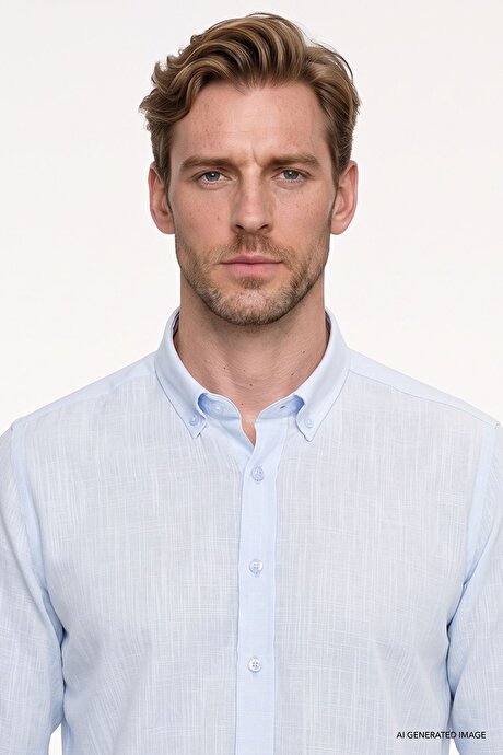 %100 Pamuk Flamlı Oxford Slim Fit Dar Kesim Düğmeli Yaka Açık Mavi Gömlek resmi