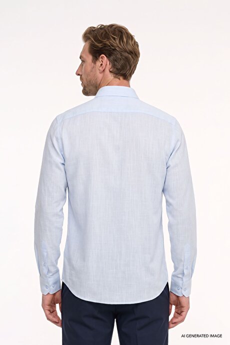 %100 Pamuk Flamlı Oxford Slim Fit Dar Kesim Düğmeli Yaka Açık Mavi Gömlek resmi