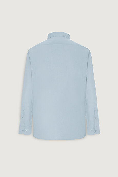 Tailored Slim Fit Dar Kesim Düğmeli Yaka Keten Görünümlü %100 Pamuk Flamlı Açık Mavi Gömlek resmi