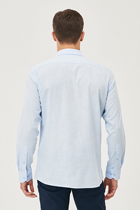 Tailored Slim Fit Dar Kesim Oxford Düğmeli Yaka Keten Görünümlü %100 Pamuk Flamlı Açık Mavi Gömlek resmi