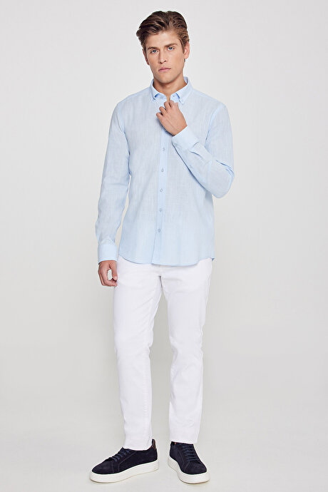 %100 Pamuk Flamlı Oxford Slim Fit Dar Kesim Düğmeli Yaka Açık Mavi Gömlek resmi