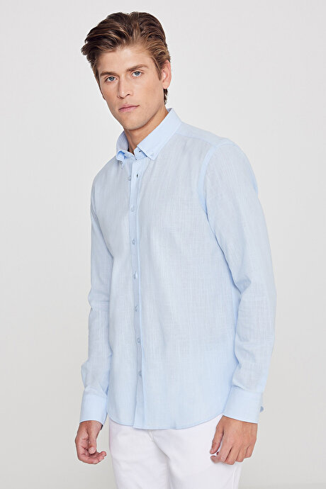 %100 Pamuk Flamlı Oxford Slim Fit Dar Kesim Düğmeli Yaka Açık Mavi Gömlek resmi