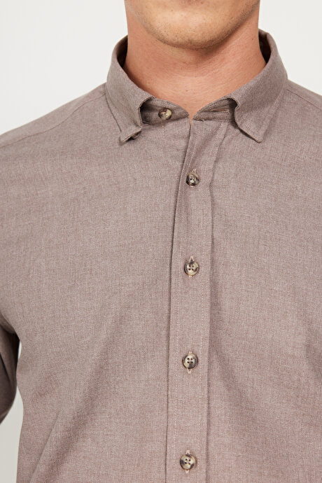 Slim Fit Dar Kesim Düğmeli Yaka Flanel Oduncu Kışlık Bej Gömlek resmi