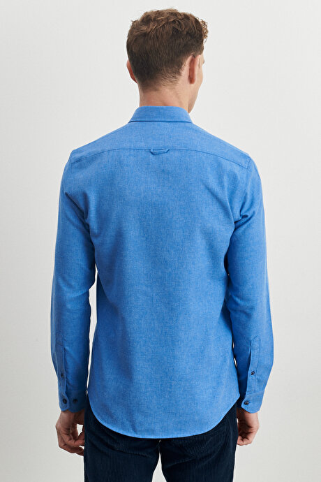Slim Fit Dar Kesim Düğmeli Yaka Flanel Oduncu Kışlık Koyu Mavi Gömlek resmi