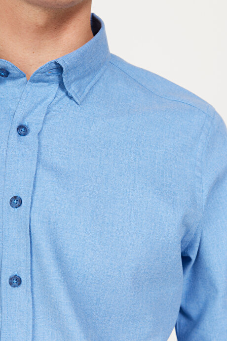 Slim Fit Dar Kesim Düğmeli Yaka Flanel Oduncu Kışlık Mavi Gömlek resmi