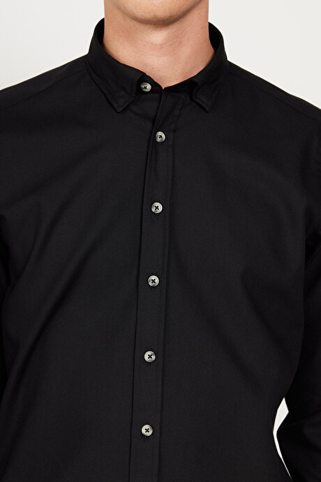 Slim Fit Dar Kesim Düğmeli Yaka Flanel Oduncu Kışlık Siyah Gömlek resmi