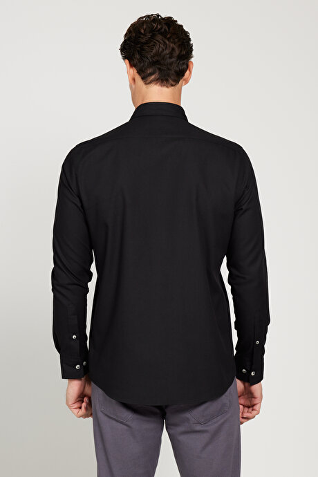 Slim Fit Dar Kesim Düğmeli Yaka Flanel Oduncu Kışlık Siyah Gömlek resmi