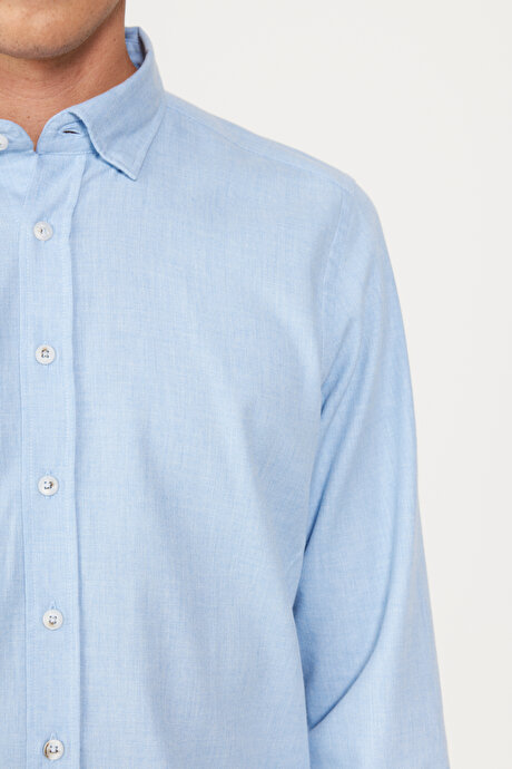 Slim Fit Dar Kesim Düğmeli Yaka Flanel Oduncu Kışlık Açık Mavi Gömlek resmi