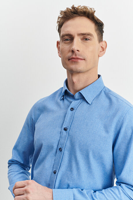 Slim Fit Dar Kesim Düğmeli Yaka Flanel Oduncu Açık Mavi Gömlek resmi