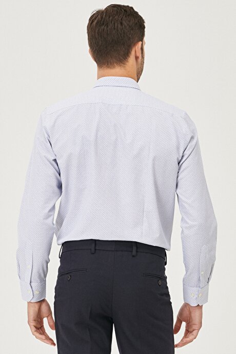 Slim Fit Dar Kesim Düğmeli Yaka Baskılı Beyaz-Lacivert Gömlek resmi