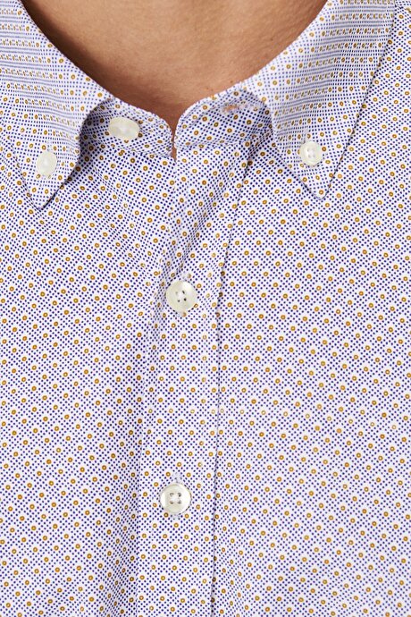 Slim Fit Dar Kesim Düğmeli Yaka Baskılı Beyaz-Hardal Gömlek resmi