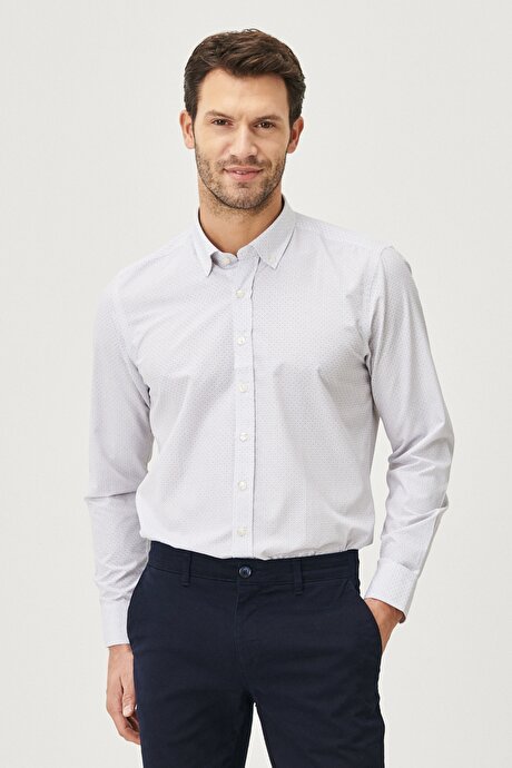Slim Fit Dar Kesim Düğmeli Yaka Baskılı Beyaz-Bordo Gömlek resmi