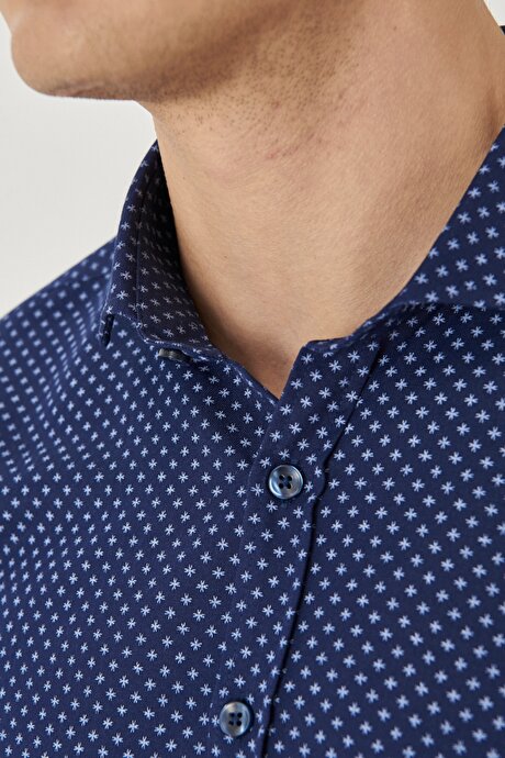 Slim Fit Dar Kesim Düğmeli Yaka Baskılı Lacivert-Mavi Gömlek resmi