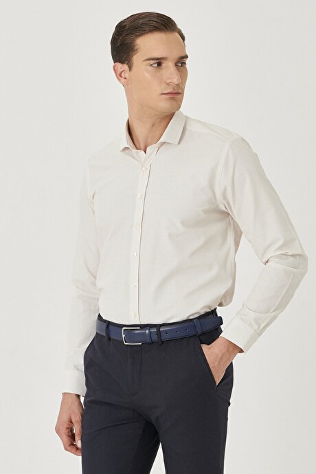 Slim Fit Dar Kesim İtalyan Yaka Baskılı Bej-Beyaz Gömlek resmi