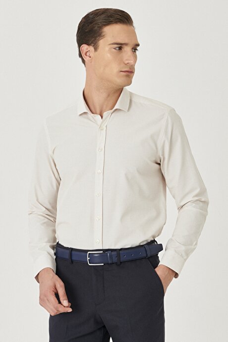 Slim Fit Dar Kesim İtalyan Yaka Baskılı Bej-Beyaz Gömlek resmi