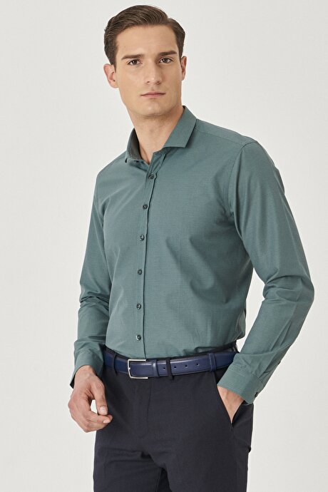 Slim Fit Dar Kesim İtalyan Yaka Baskılı Yeşil-Lacivert Gömlek resmi