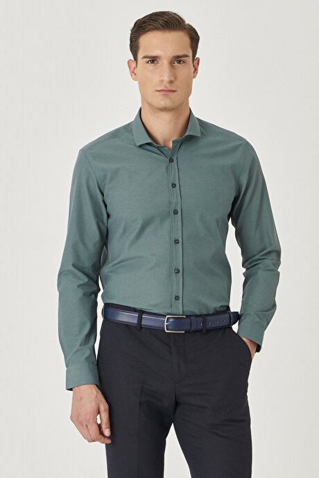 Slim Fit Dar Kesim İtalyan Yaka Baskılı Yeşil-Lacivert Gömlek resmi